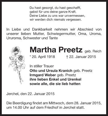 Traueranzeige von Martha Preetz von Uelzen