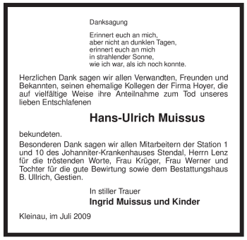 Traueranzeige von Hans-Ulrich Muissus von ALLGEMEINE ZEITUNG UELZEN