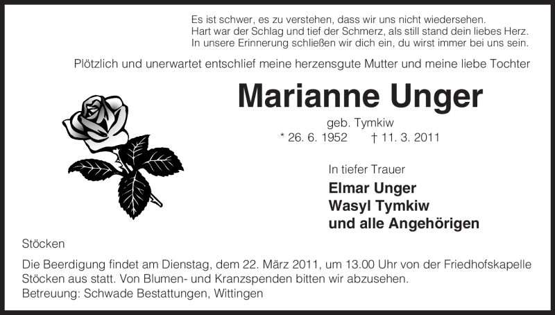  Traueranzeige für Marianne Unger vom 19.03.2011 aus ALLGEMEINE ZEITUNG UELZEN