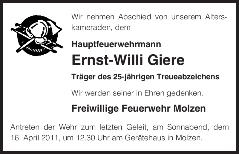  Traueranzeige für Ernst-Willi Giere vom 13.04.2011 aus ALLGEMEINE ZEITUNG UELZEN