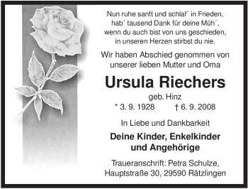 Traueranzeige von Ursula Riechers von ALLGEMEINE ZEITUNG UELZEN