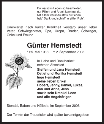 Traueranzeige von Günter Hemstedt von ALLGEMEINE ZEITUNG UELZEN