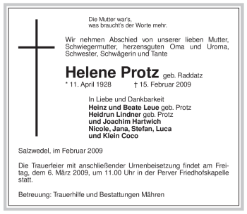 Traueranzeige von Helene Protz von ALLGEMEINE ZEITUNG UELZEN
