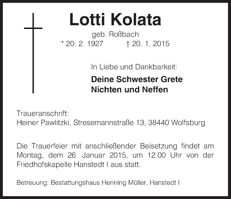  Traueranzeige für Lotti Kolata vom 23.01.2015 aus Uelzen