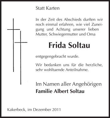 Traueranzeige von Frida Soltau von ALLGEMEINE ZEITUNG UELZEN