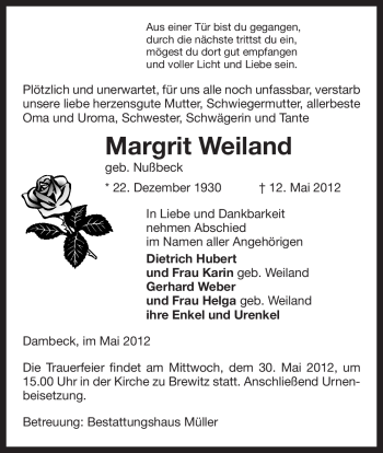 Traueranzeige von Margrit Weiland von ALLGEMEINE ZEITUNG UELZEN