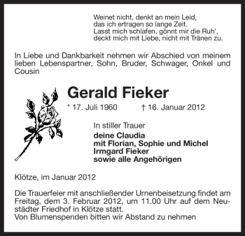 Traueranzeige von Gerald Fieker von ALLGEMEINE ZEITUNG UELZEN