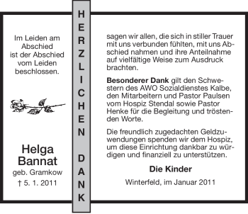 Traueranzeige von Helga Bannat von ALLGEMEINE ZEITUNG UELZEN