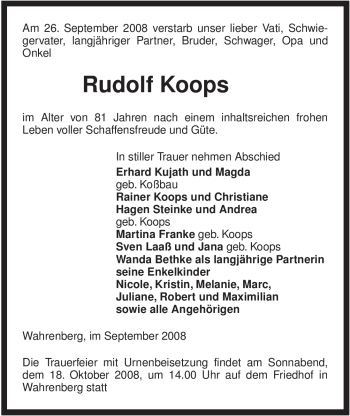 Traueranzeige von Rudolf Koops von ALLGEMEINE ZEITUNG UELZEN