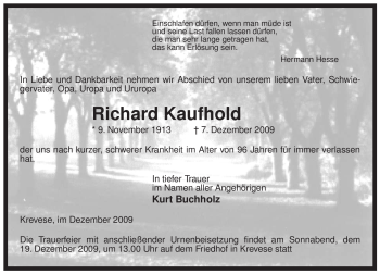 Traueranzeige von Richard Kaufhold von ALLGEMEINE ZEITUNG UELZEN