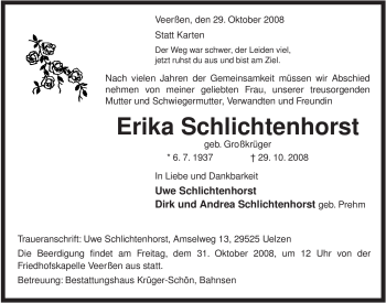 Traueranzeige von Erika Schlichtenhorst von ALLGEMEINE ZEITUNG UELZEN