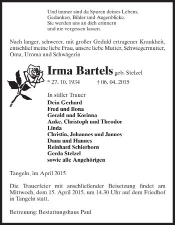 Traueranzeige von Irma Bartels von Uelzen