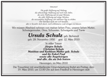 Traueranzeige von Ursula Schulz von ALLGEMEINE ZEITUNG UELZEN