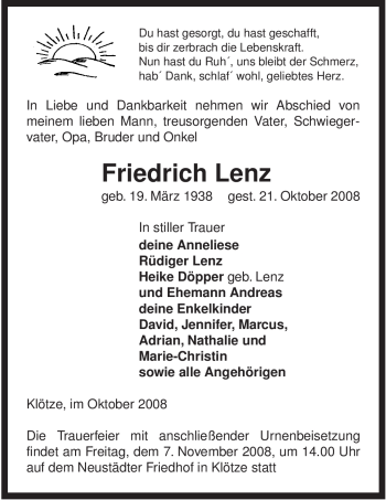 Traueranzeige von Friedrich Lenz von ALLGEMEINE ZEITUNG UELZEN