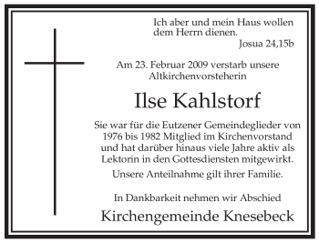 Traueranzeige von Ilse Kahlstorf von ALLGEMEINE ZEITUNG UELZEN