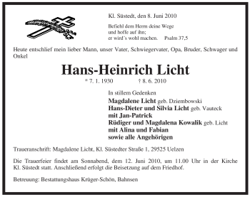 Traueranzeige von Hans-Heinrich Licht von ALLGEMEINE ZEITUNG UELZEN