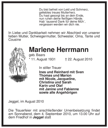 Traueranzeige von Marlene Herrmann von ALLGEMEINE ZEITUNG UELZEN