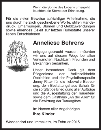 Traueranzeige von Anneliese Behrens von Uelzen