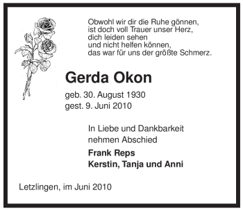 Traueranzeige von Gerda Okon von ALLGEMEINE ZEITUNG UELZEN