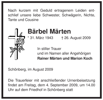 Traueranzeige von Bärbel Märten von ALLGEMEINE ZEITUNG UELZEN