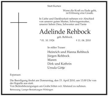 Traueranzeige von Adelinde Rehbock von ALLGEMEINE ZEITUNG UELZEN