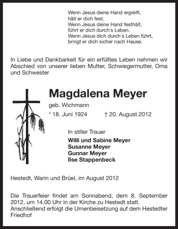 Traueranzeige von Magdalena Meyer von ALLGEMEINE ZEITUNG UELZEN