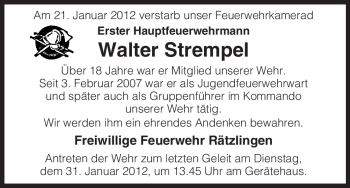 Traueranzeige von Walter Strempel von ALLGEMEINE ZEITUNG UELZEN