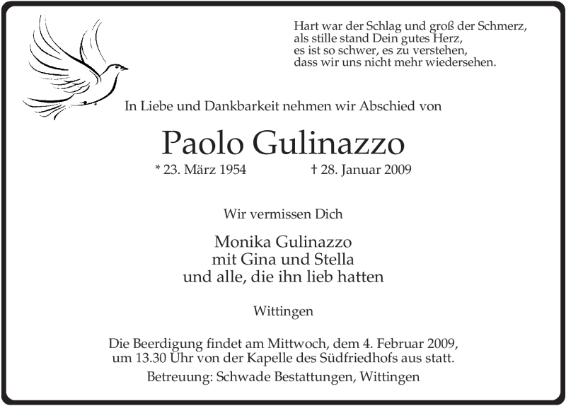  Traueranzeige für Paolo Gulinazzo vom 31.01.2009 aus ALLGEMEINE ZEITUNG UELZEN
