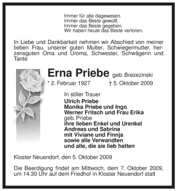 Traueranzeige von Erna Priebe von ALLGEMEINE ZEITUNG UELZEN