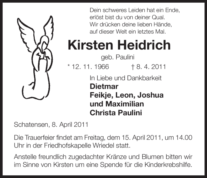  Traueranzeige für Kirsten Heidrich vom 13.04.2011 aus ALLGEMEINE ZEITUNG UELZEN