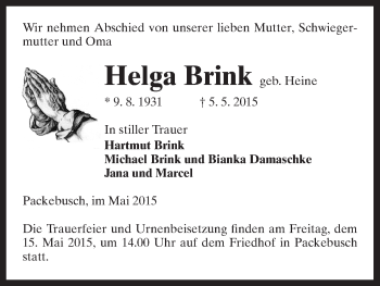 Traueranzeige von Helga Brink von Uelzen