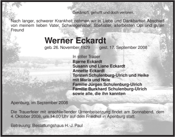 Traueranzeige von Werner Eckardt von ALLGEMEINE ZEITUNG UELZEN