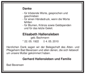 Traueranzeige von Elisabeth Hallensleben von ALLGEMEINE ZEITUNG UELZEN