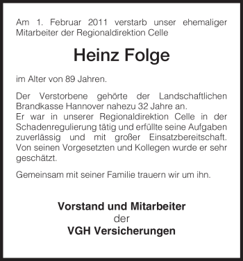 Traueranzeige von Heinz Folge von ALLGEMEINE ZEITUNG UELZEN