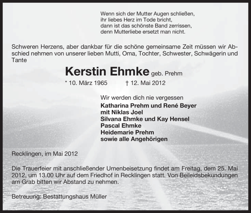  Traueranzeige für Kerstin Ehmke vom 15.05.2012 aus ALLGEMEINE ZEITUNG UELZEN