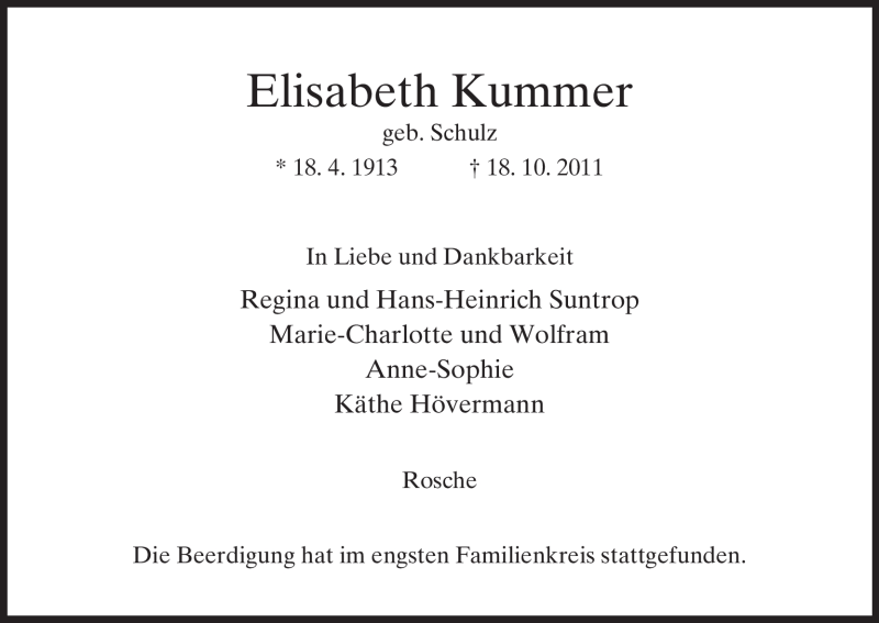  Traueranzeige für Elisabeth Kummer vom 24.10.2011 aus ALLGEMEINE ZEITUNG UELZEN