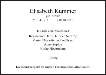Traueranzeige von Elisabeth Kummer von ALLGEMEINE ZEITUNG UELZEN