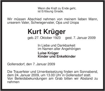 Traueranzeige von Kurt Krüger von ALLGEMEINE ZEITUNG UELZEN