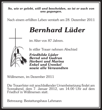 Traueranzeige von Bernhard Lüder von ALLGEMEINE ZEITUNG UELZEN