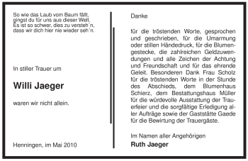 Traueranzeige von Willi Jaeger von ALLGEMEINE ZEITUNG UELZEN