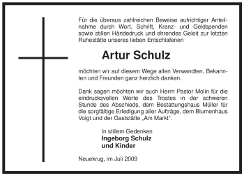 Traueranzeige von Artur Schulz von ALLGEMEINE ZEITUNG UELZEN