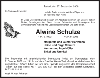 Traueranzeige von Alwine Schulze von ALLGEMEINE ZEITUNG UELZEN