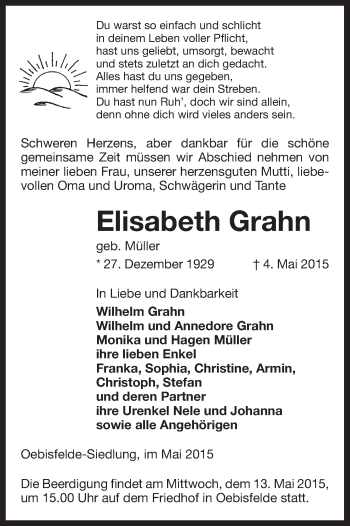 Traueranzeige von Elisabeth Grahn von Uelzen