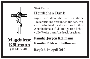 Traueranzeige von Magdalene Köllmann von ALLGEMEINE ZEITUNG UELZEN