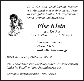 Traueranzeige von Else Klein von ALLGEMEINE ZEITUNG UELZEN