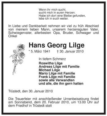 Traueranzeige von Hans Georg Lilge von ALLGEMEINE ZEITUNG UELZEN