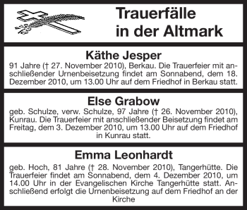 Traueranzeige von Emma Leonhardt von ALLGEMEINE ZEITUNG UELZEN