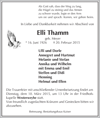 Traueranzeige von Elli Thamm von Uelzen