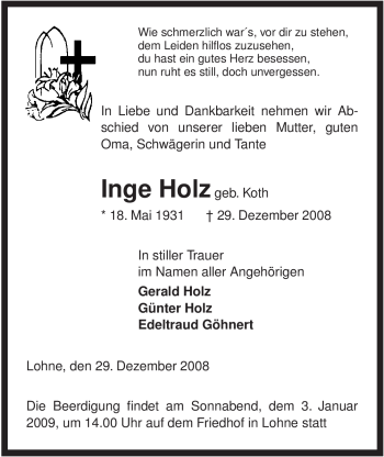 Traueranzeige von Inge Holz von ALLGEMEINE ZEITUNG UELZEN