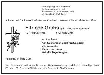 Traueranzeige von Elfriede Grohs von ALLGEMEINE ZEITUNG UELZEN